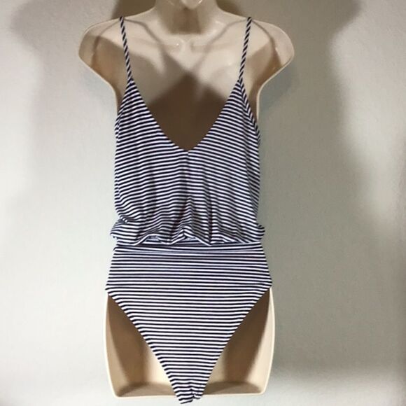Top Shop Body Suit Black White Stripe Spaghetti Straps Blouson Top Size 4 Tall - Picture 4 of 10